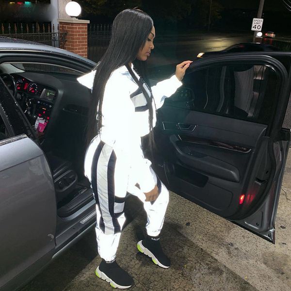 

новое прибытие женщин фуфайки две пьесы комплекты silver pactwork ctop топ светоотражающие упругие drawstring штаны костюмы, White