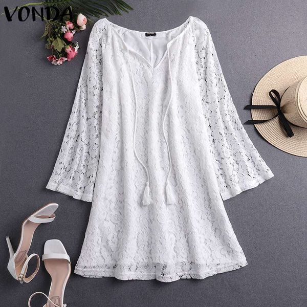 

vonda holiday dress 2019 women flare sleeve lace hollow out party mini dress beach bohemian casual loose plus size vestido, Black;gray
