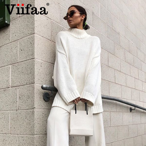 

viifaa mock neck casual oversized loose long sweater pullover women white drop shoulder split side winter fall sweaters, White;black