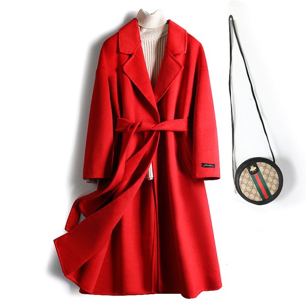 

зима женщины пальто повседневный пояс нагрудные воротник открытый стич шерстяной женский coat мода теплый pocket plus размер длинные outwear, Black