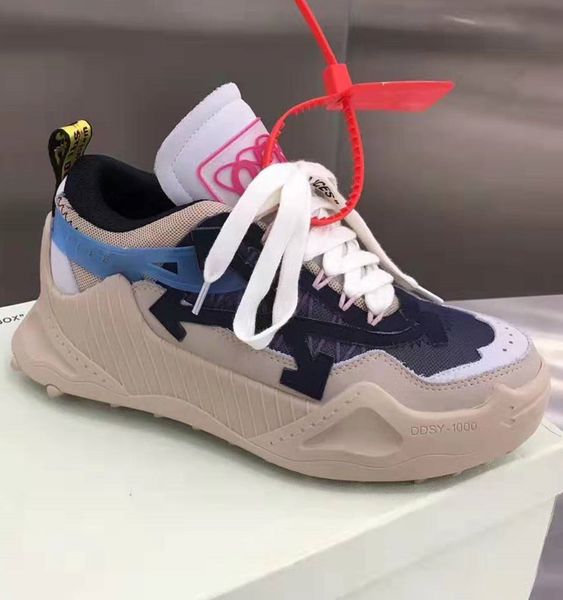 

branded mens leather arrow lace-up sneakers designer women pvc round toe pull-loop colorblocked rubber sole trainers, Black