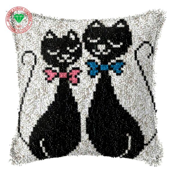 

lover cat latch hook rug kits needlework carpet embroidery cushion diy pillowcase embroidery patchwork yarn stitch back cushion