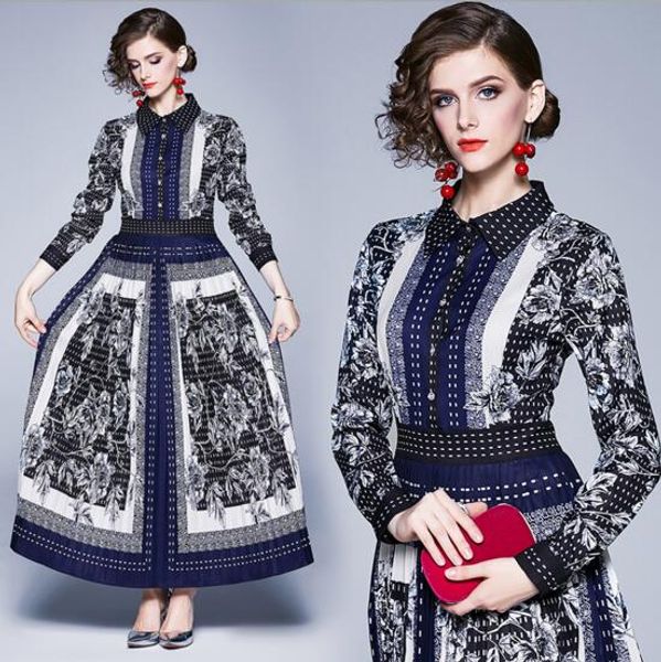 

fall fashion lapel retro print waist long sleeve pleated dress, Black;gray