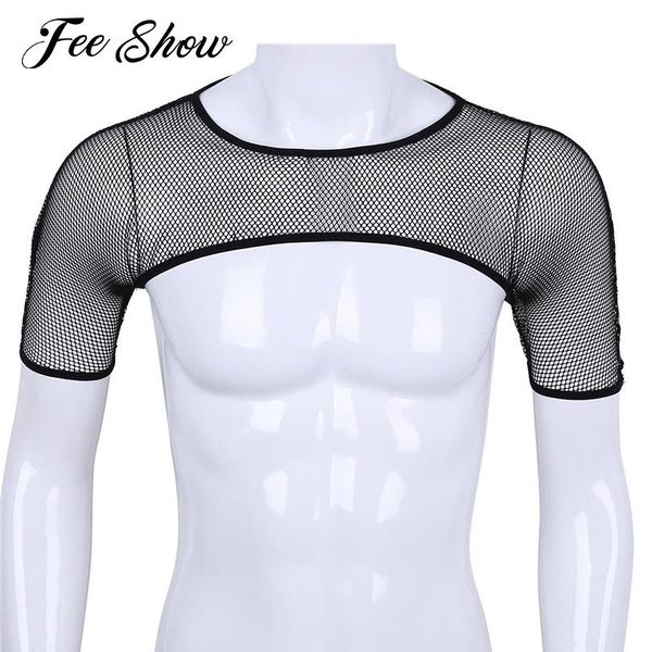 

2018 mens see through mesh fishnet chest strap harness black short sleeves crop hollow out clubwear half tank top, White;black