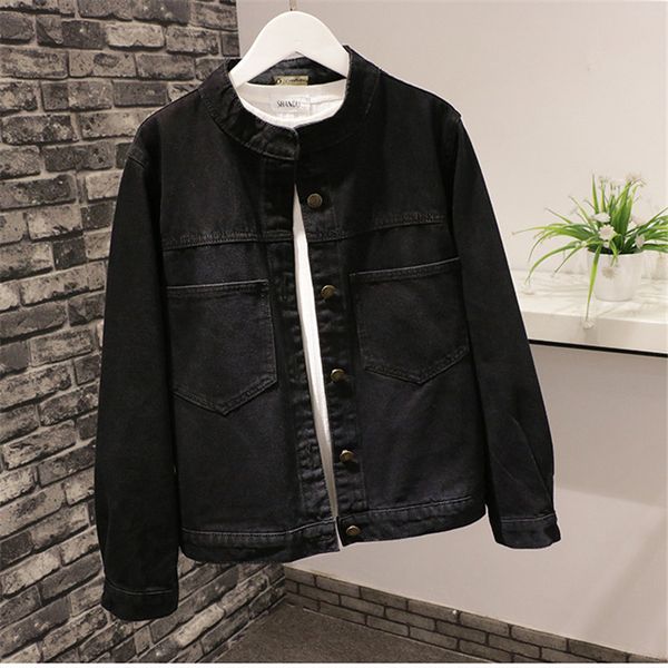 

new 2019 autumn winter big pockets cotton denim jacket students stand collar single breasted short coat outerwear, Black;brown