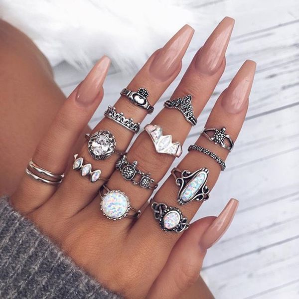 

13pcs/set boho fire opals crystal crown finger ring set bohemian retro silver knuckle midi rings women party jewelry, Golden;silver