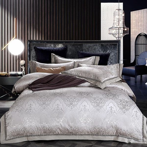 

new silk cotton jacquard bedding set hollow white gray duvet cover set bedsheet pillowcases bed linen  king size 4pc