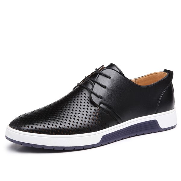 

men casual shoes 2019 summer breathable leather holes design brand flat shoes for men driving men's boat, Black
