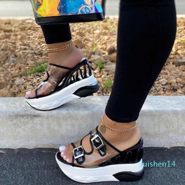 

platform women sandals transparent high heeled summer shoes woman waterproof wedge buckle ladies footwear sandalias mujer l14, Black