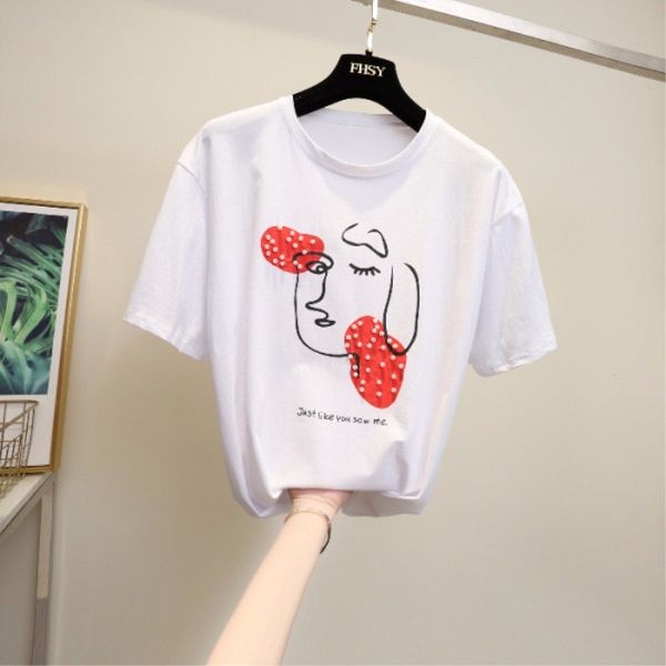 

4xl black white blue beige pearls beaded tee ladies slim fitted round neck short sleeve casual summer women blusas shirt