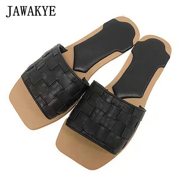 

weaveing square toe summer slippers women real leather one strap beach shoes outdoor lazy slides retro flat shoes for ladies, Black