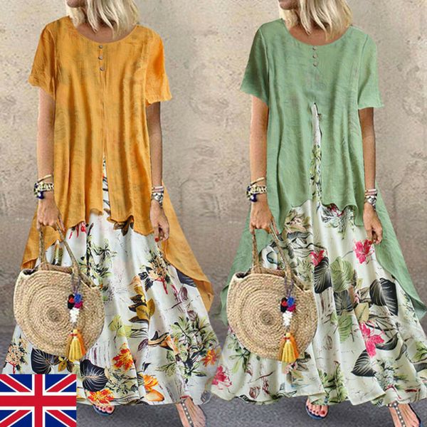 

summer plus size women cotton linen maxi long dress holiday beach party floral dresses, Black;gray