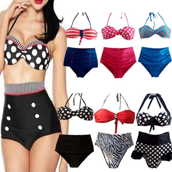 Retro Push UP gepolsterter Bikini-Badeanzug mit hoher Taille und schwarz-weiß gepunktetem Vintage-Badeanzug, Bademode, marineblau gestreift, Strandmode