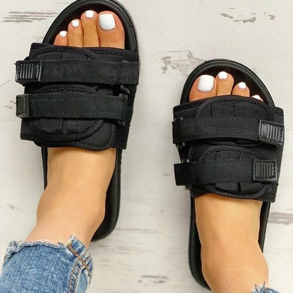

summer women slippers fashion hook&loop canvas casual lovers shoes slip-on beach slippers summer ladies flip flops size 35-46, Black
