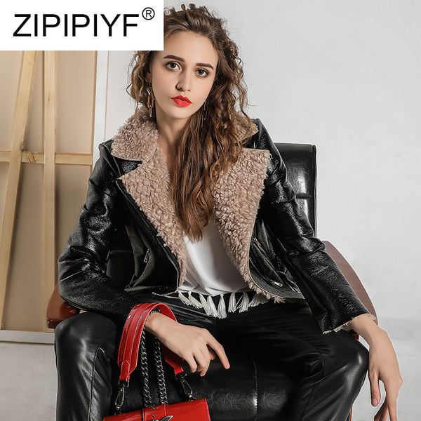 

runway pu motorcycle leather women's new autumn/winter 2019 high-end lapel lamb wool black women's slim short jacket c1955, Black;brown