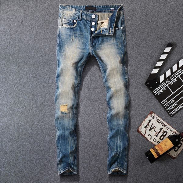 

Italian Vintage Style Fashion Men Jeans Blue Slim Fit Retro Washed Ripped Jeans Men Denim Buttons Pants hombre Classical