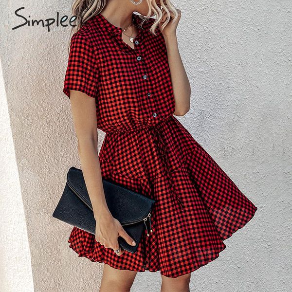 

casual dresses simplee plus size plaid dress cotton button high wasit a-line women summer lady office lapel oversize mini, Black;gray