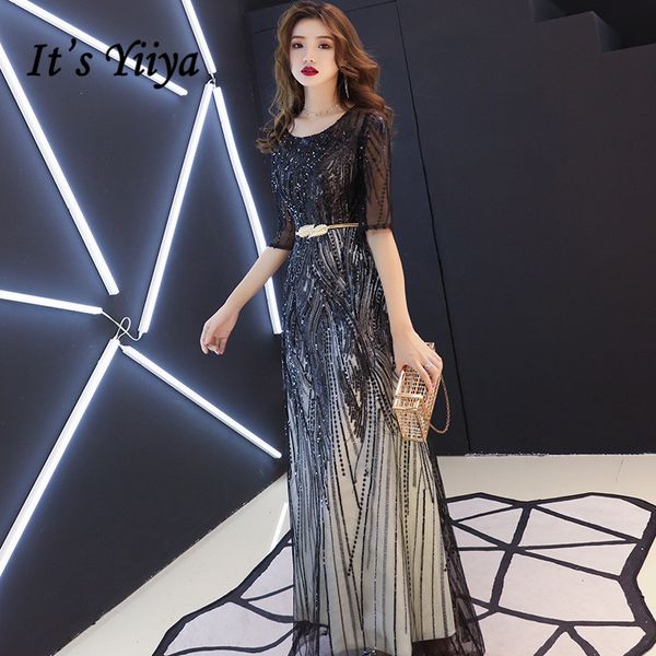 

it's yiiya evening dress mysterious shining black sequins long formal gown half sleeve back zipper design party dressses e104, White;black