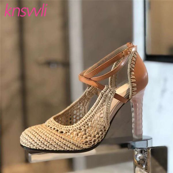 

string bead high heel shoes woman fishing net braided cut outs women pumps cross strap weave runway shoes, Black