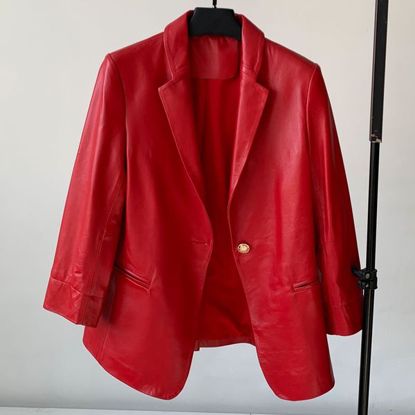 

2020 spring new fashion trend leather suit jacket women sheepskin short slim fashion slim red jacket leather black coat, White;black