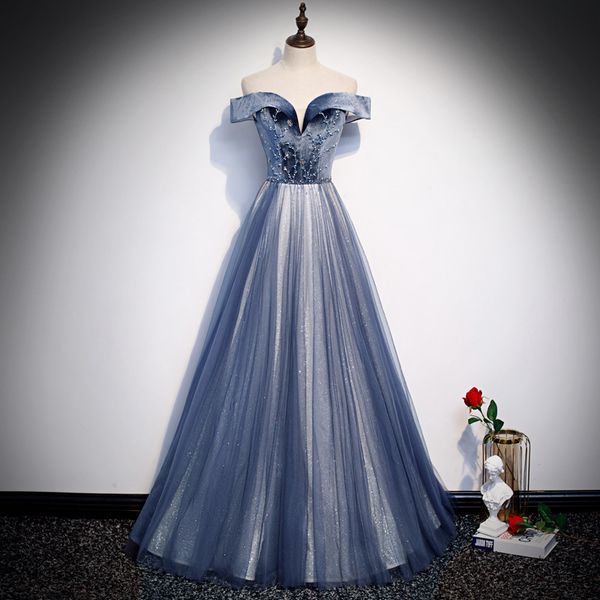 

2020 off the shoulder dark navy prom dresses boho style beaded a line prom dresses beautiful tulle princess prom dresses with lace up back, Black