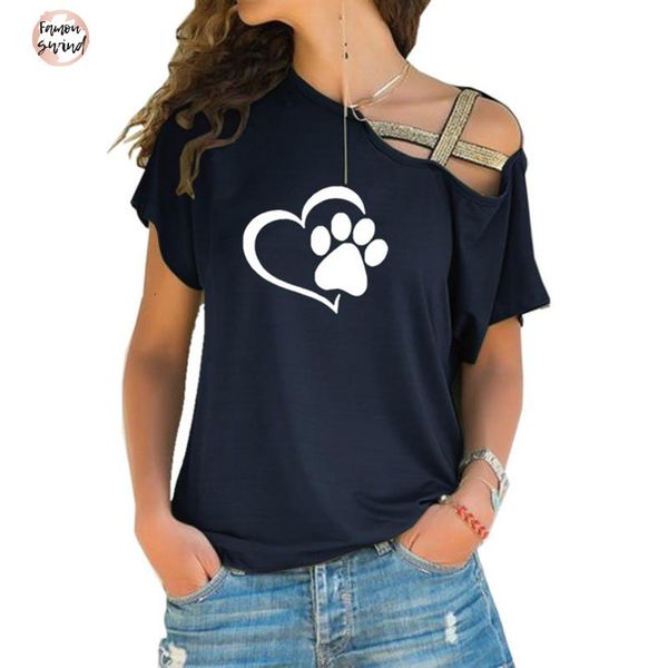 

футболка женщина моды кота собака paw сердце плюс размер плечо tops harajuku cross tshirt нерегулярной короткий рукав футболка, White