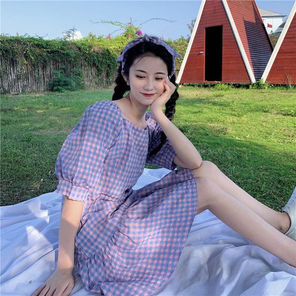 

party dresses large size fashion plaid square coller japanese dress 2021 fat mm puff sleeve cotton sweet and lovely first love skirt, White;black