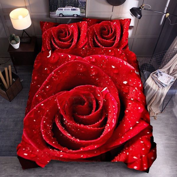 

3d rose bedclothes digital printing pillowcase duvet cover set home textile soft wedding valentines decor couples bedding set