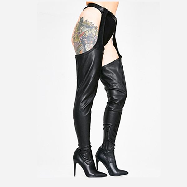 

2019 fashion party black pointed toe fhigh high over the knee boots high heels crotch tied waist pants botines shoes woman