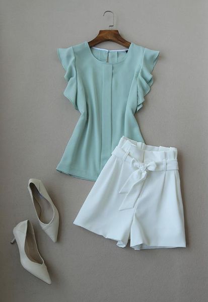 

сладкий ruffled с коротким рукавом шифон top и wide leg шорты женщин летняя одежда set, White