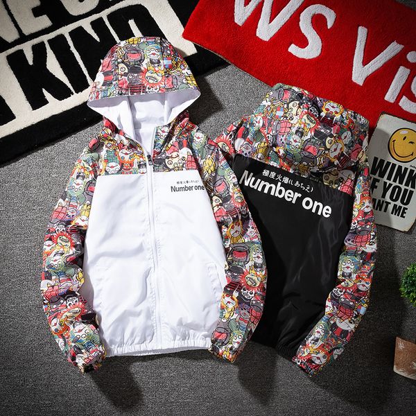 

куртка с капюшоном 2020 новые мужские, мужская мода джек с мультфильм pattern, весенний и осенний свет исходящий coatt, Black;brown