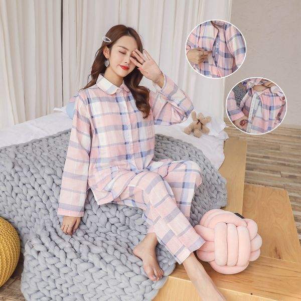 

pregnant women pajamas summer thin cotton loose breastfeeding clothes month spring and autumn maternity feeding, Blue;gray