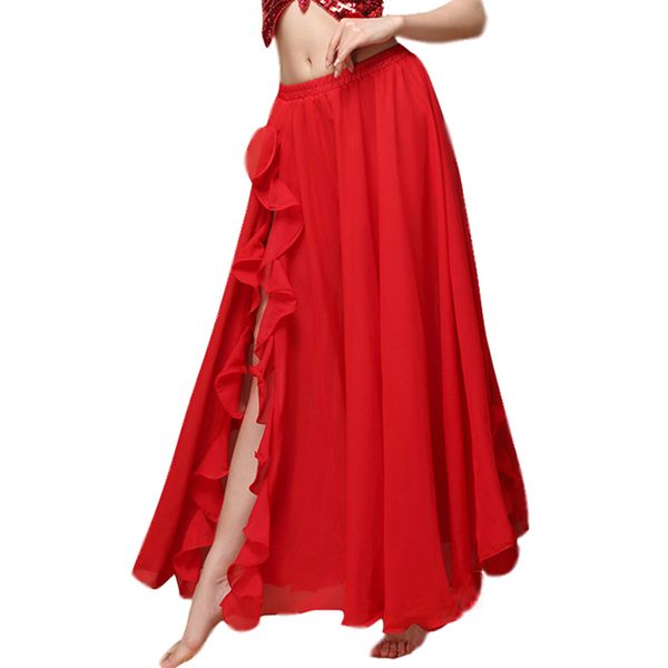 

2019 new performance belly dance clothing long maxi skirts side slit bellydance skirt sheer chiffon with ruffles, Black;red