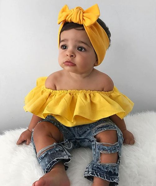 

uk 3pcs toddler kid baby girl clothes ruffle denim pant jeans outfit, White