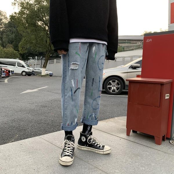 

2020 spring and autumn new loose large size graffiti print mid and low waist jeans fashion casual hip hop straight pants blue