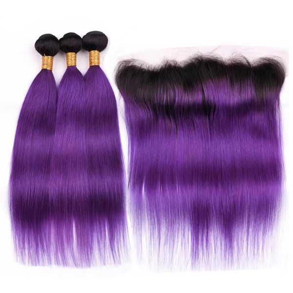 1b Purple Dark Roots Ombre Straight Indian Hair 3 Bundles With