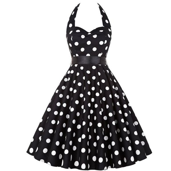 

ick polka dot retro dress halter party dress bow hepburn vintage pin up rockabilly dresses robe plus size elegant midi, Black;gray