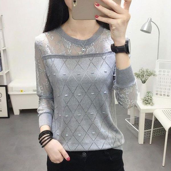 

2020 summer new collar lace render unlined upper garment to hollow out long sleeve short relaxed joker autumn thin sweater frock, White;black