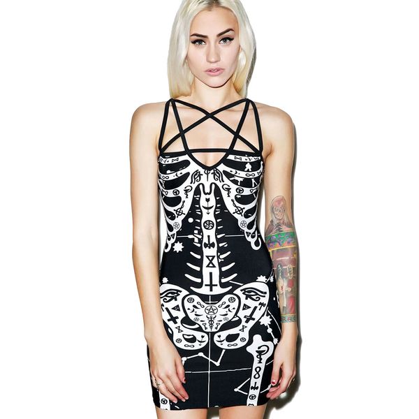 

women's halloween new black and white cross bones printed dress, White;black
