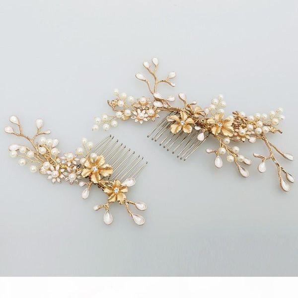 

beijia new design gold branch flower hair comb pearl wedding hair jewelry accessories vintage bridal combs headwear, Slivery;golden