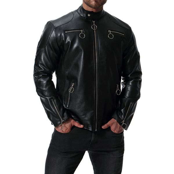 

2019 autumn new style large size men's wear europe and america stand collar locomotive leather coat sportsman leather jacket b02, Black