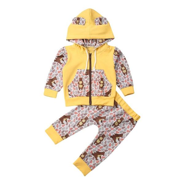 

baby girl boy bear winter clothes kids zipper hooded coat +long pants outfits, White