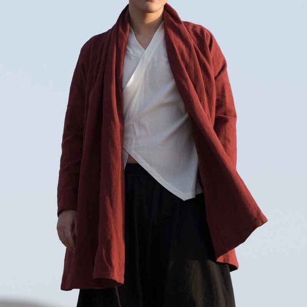 

mrdonoo chinese wind trench coat retro in the long paragraph linen loose large size chinese hanfu buddha men's cotton jacket f21, Tan;black