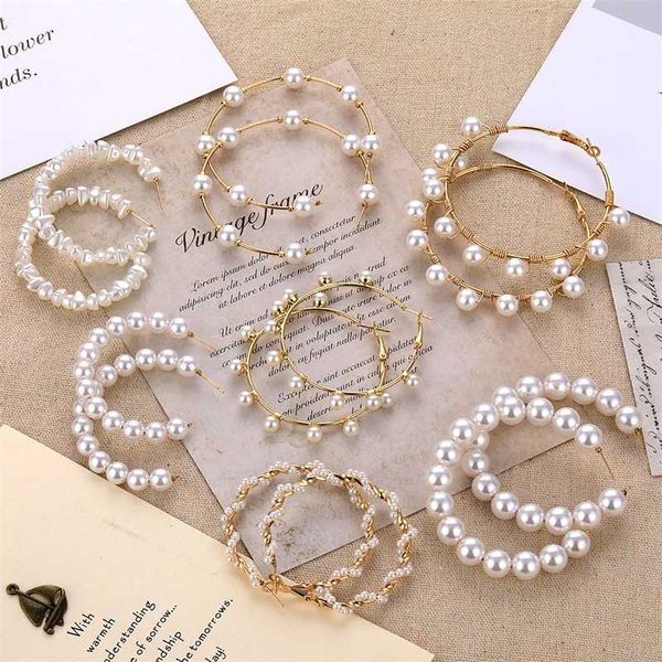 

1 pair simple plain gold color metal pearl hoop earrings oversize circel statement earrings for women wedding brinco jewelry, Golden;silver