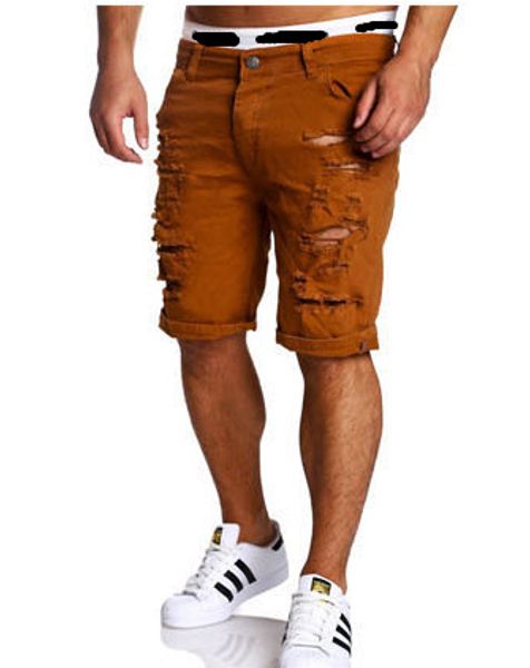 

fashion casual shorts men jeans loose torn knee length punk short denim trousers pockets punk jeans homme, Blue