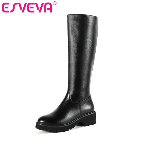 

esveva 2020 shoes women knee-high boots square med heel elegant cow leather+pu boots shoes size 34-43 winter motorcycle, Black