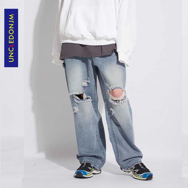

uncledonjm 2020 ripped jeans men destroyed stretch loose fit hop hop pants fashion dance punk style denim jean un-8326, Blue