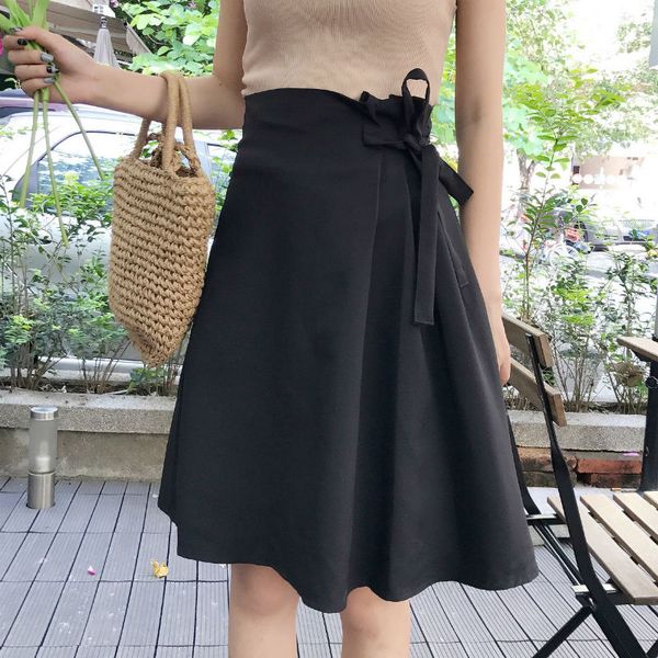 

summer women lace-up skirts female solid high waist midi skirt fashion faldas mujer moda korean style a line skirt women clothes, Black