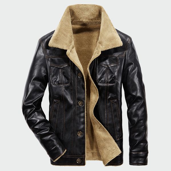 

men's leather jackets winter fleece pu coats casual plus thick warm wide-collared outerwear biker jacket m-4xl ml009, Black