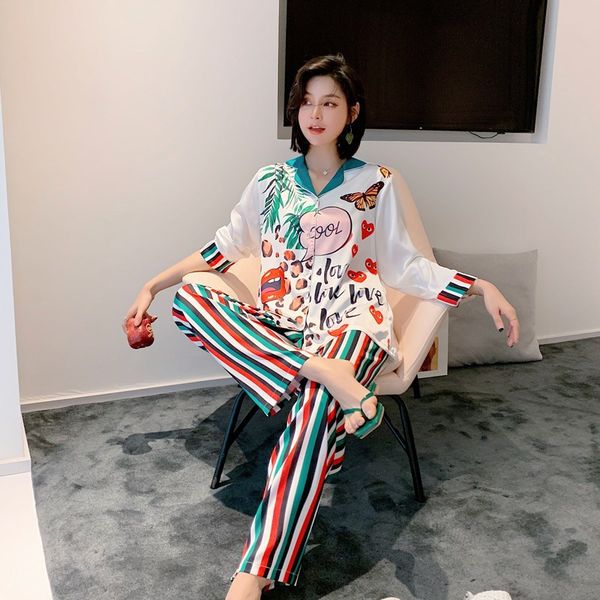 

2020 spring summer silk thin korean style turndown collar 2 pieces pajamas set leisure prints homewear ladies fashion sleepwear, Black;red